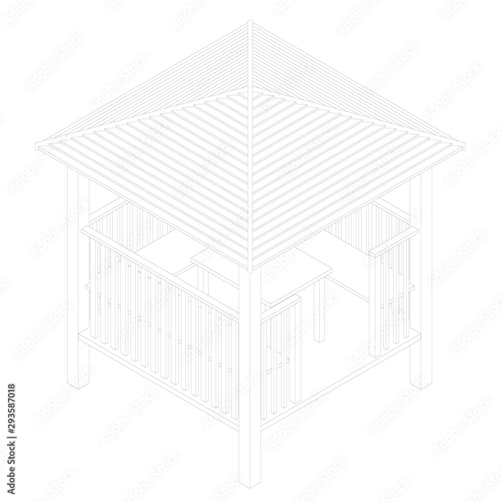 Contour of a summerhouse with benches, a table and a roof. View isometric. Vector illustration. Contour of a summerhouse with benches, a table and a roof. View isometric. Vector illustration.