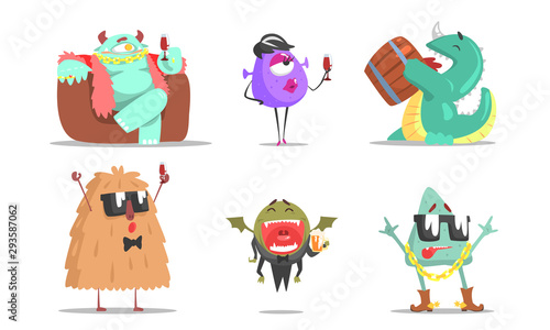 Set of cute humanized monsters. Vector illustration.