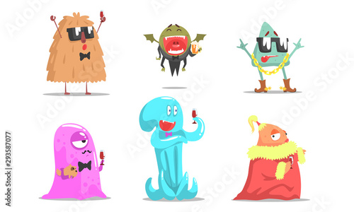 Cute humanized monsters are resting. Vector illustration.