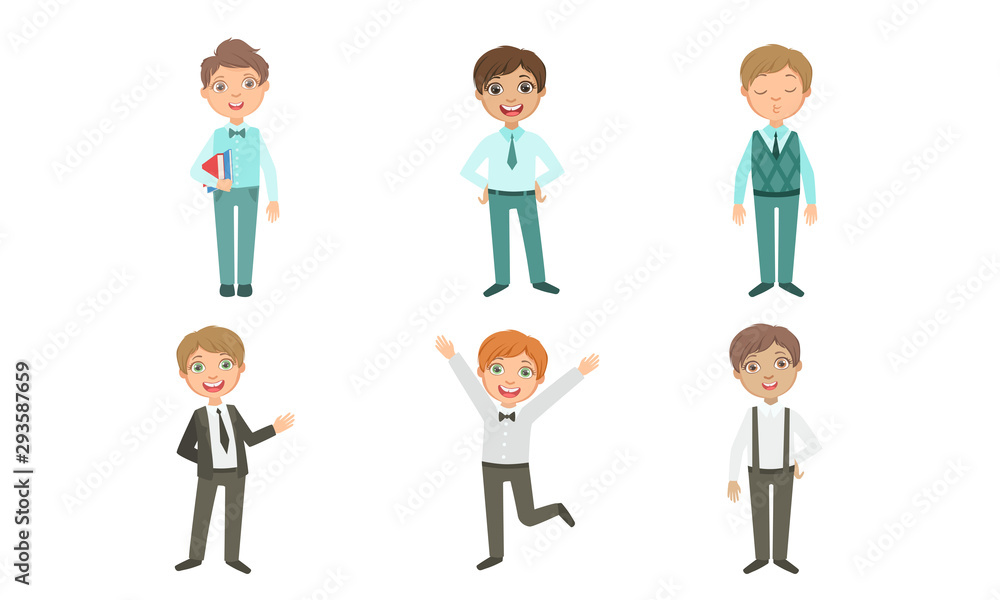 Set of images of boys in different school uniforms. Vector illustration.