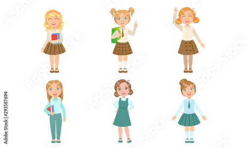 Set of images of girls in different school uniforms. Vector illustration.