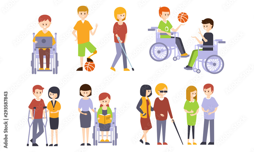 Disabled People Set, Blind, Deaf, Injured and Handicapped Persons Vector Illustration