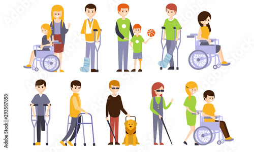 Disabled People Set, Blind, Deaf, Injured and Handicapped Persons with Friends Helping Them Vector Illustration