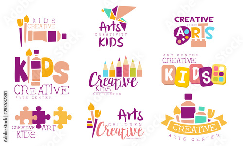 Creative Kids Logo Set, Arts Centre Colorful Labels Vector Illustration