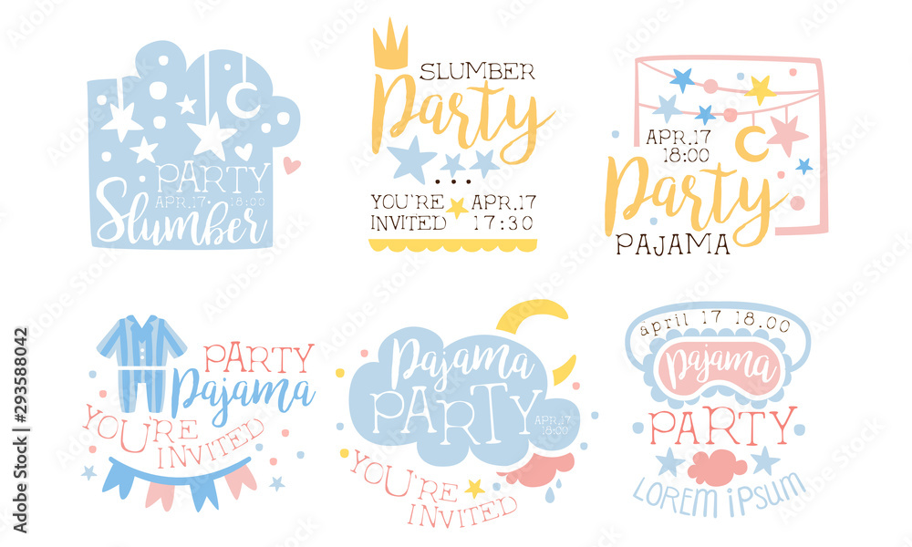 Pajama Party Invitation Card Templates Set, Slumber Party, You Are Invited Vector Illustration Pajama Party Invitation Card Templates Set, Slumber Party, You Are Invited Vector Illustration