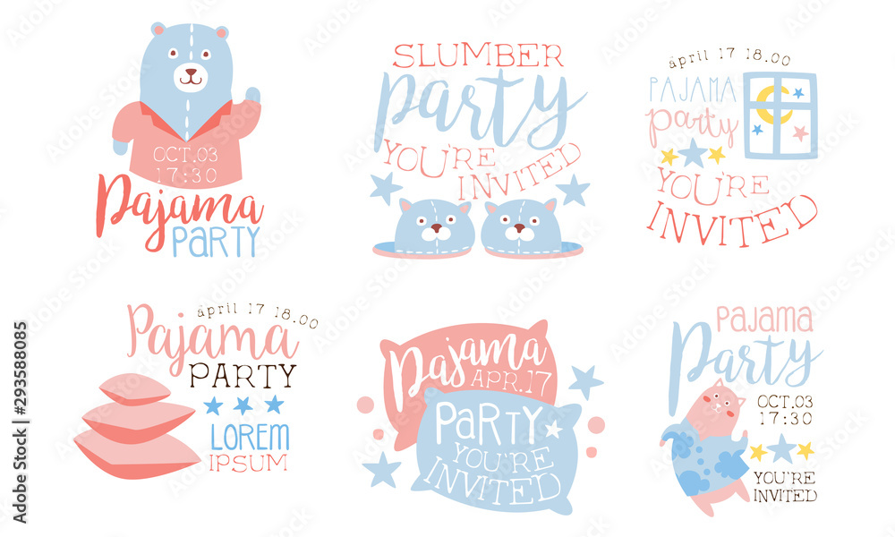 Pajama Party Invitation Card Templates Set, Slumber Party Pink and Blue Labels Vector Illustration Pajama Party Invitation Card Templates Set, Slumber Party Pink and Blue Labels Vector Illustration