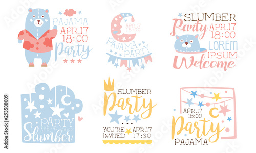 Pajama Party Invitation Card Templates Set, Welcome to Slumber Party Labels Vector Illustration