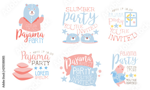 Pajama Party Invitation Card Templates Set, Slumber Party Pink and Blue Labels Vector Illustration