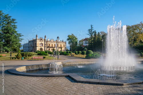 Fountain in front of the Dadiani Palace, Historical and Architectural Museum located inside a park in Zugdidi, Georgia.