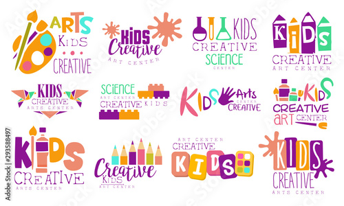 Creative Kids Logo Set, Arts and Science Centre Colorful Labels Vector Illustration