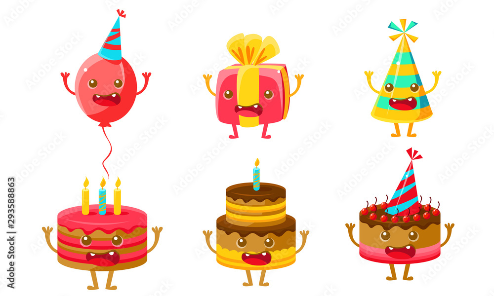 Funny Birthday Party Symbols Cartoon Characters Set, Balloon, Gift Box,  Party Hat, Cake with Candles, Cute Cartoon Characters with Arms, Legs and  Funny Faces Vector Illustration Stock Vector | Adobe Stock