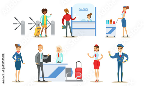 Fototapeta Naklejka Na Ścianę i Meble -  People in Airport Set, Passengers Standing at Registration Desk at Terminal, Aviation Staff Employees Vector Illustration