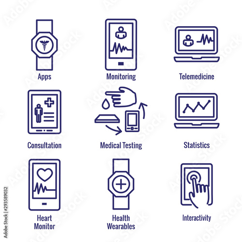 Digital Health Icon Set with Wearable Technology Web Header Banner