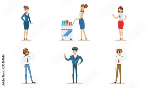 Flight Aircraft Crew Staff, Captain, Pilot, Air Traffic Controller and Stewardesses Vector Illustration