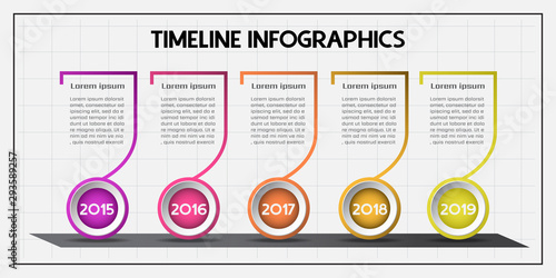 Infographics design for company timeline milestone template with years in series and text box for summary description of event. 