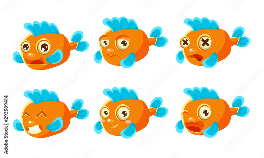 Funny Orange Fish with Different Emotions Set, Cute Sea Creature