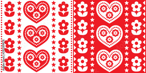 Scandinavian Christmas folk art vector seamless pattern, cute festive Nordic design in red and white