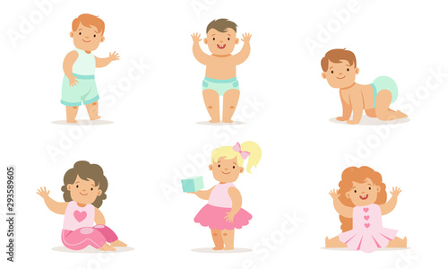 Cute Happy Toddler Babies Set, Adorable Boys and Girls Learning to Walk, Crawling, Playing with Toys Vector Illustration