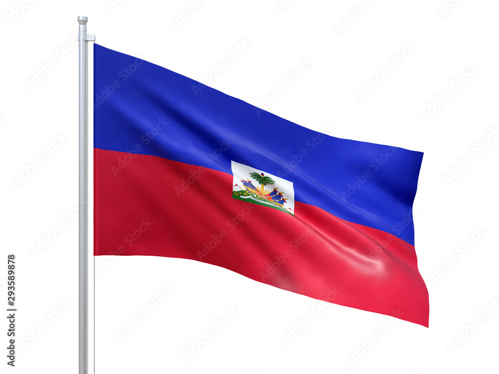 Haiti flag waving on white background, close up, isolated. 3D render Haiti flag waving on white background, close up, isolated. 3D render