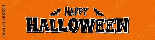 Happy Halloween text banner. Black inscription on an orange background. Vector.