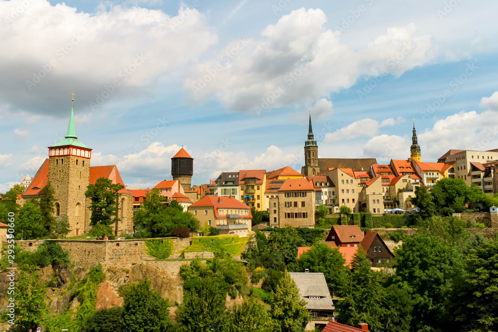 Bautzen , Saxony , Germany – August, 9th 2019: Bautzen old town with fortifications and towers natural landscape view