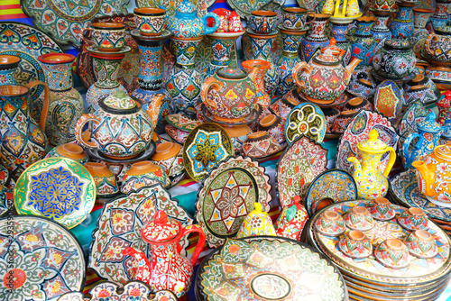Colorful plates and pots at Chorsu bazaar, Tashkent, Uzbekistan photo