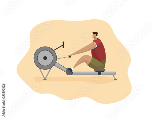 character man rower on rowing machine flat illustration