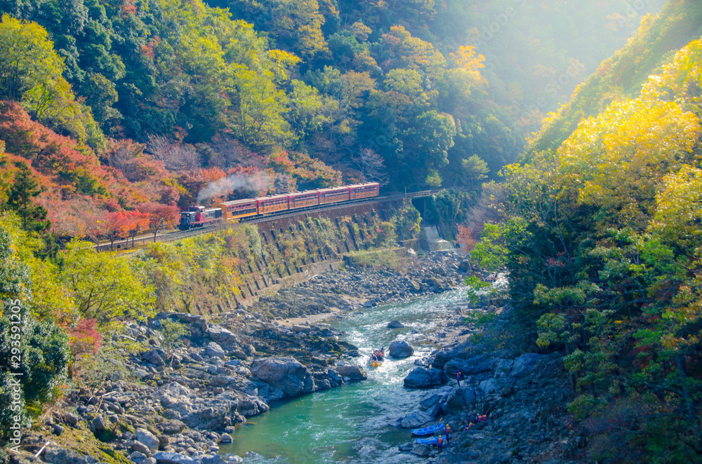 Romantic Train at Arashiyama, Kyoto, japan, in Autumn