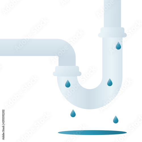 Leaking plumbing. Plastic sanitary unit. Water is dripping from the pipe. Broken siphon. Vector illustration flat design. Isolated on white background.