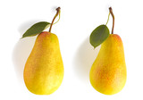 Macro image of a pear on an isolated white background. Retouched pears with leaves on white background.