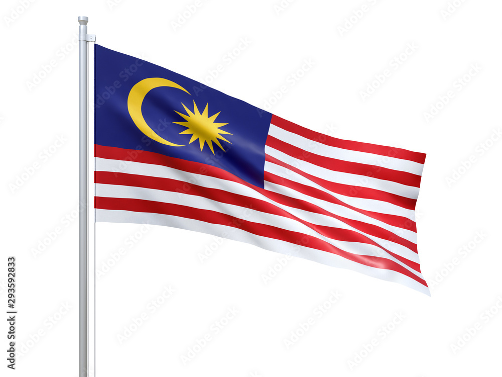 Malaysia flag waving on white background, close up, isolated. 3D render Malaysia flag waving on white background, close up, isolated. 3D render