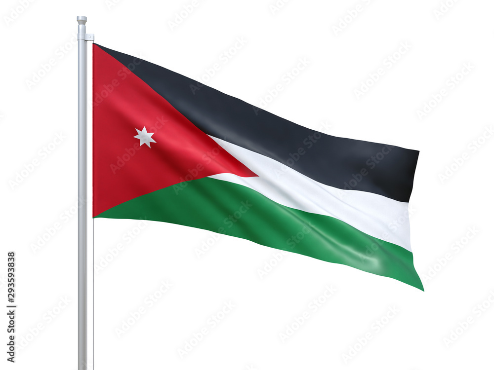Jordan flag waving on white background, close up, isolated. 3D render