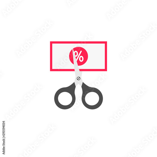 Cutting or lowering price concept. Scissors cutting money bill in half. Vector flat illustration.