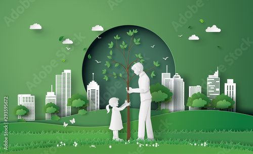 Green Sustainable City with Family in Paper Cut Style