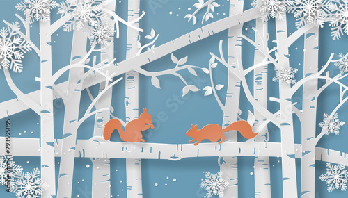 Squirrel  in Snowy Birch Forest Paper Cut Style
