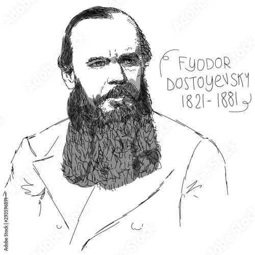 Fyodor Dostoyevsky line art portrait isolated on white background for prints, greeting cards and design elements.