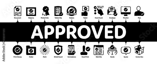 Approved Minimal Infographic Web Banner Vector. Approved Sings On Document File And Hands, Computer Monitor And Smartphone Display Concept Linear Pictograms. Contour Illustrations