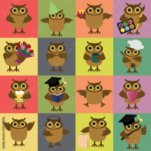 set with owls on colour squares 