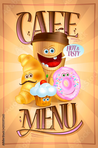 Cafe menu board design with coffee, croissant, muffin and donut symbols
