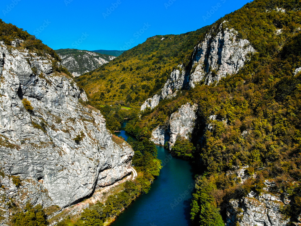 Aerial view of mountains, canyon and Una river on Bosnia and Herzegovina/Croatia border
