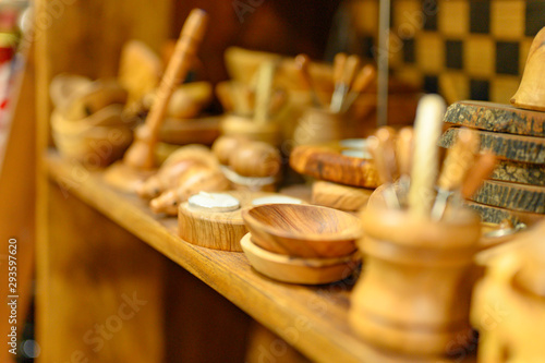 shop with handmade wooden objects made of olive wood