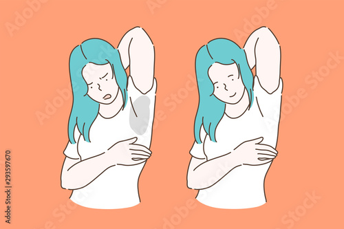 Sweat, hyperhidrosis, hygiene concept. Young woman or girl with a bad mood with a problem of wet armpit from sweat, before and after. Advertising a remedy for stains on clothing and odor for teenagers