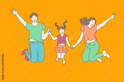 Family, relationships, leisure concept. Young happy mom dad and daughter in a good mood jumping on the trampoline holding hands. Close relationship celebration, delight. Vector flat design.