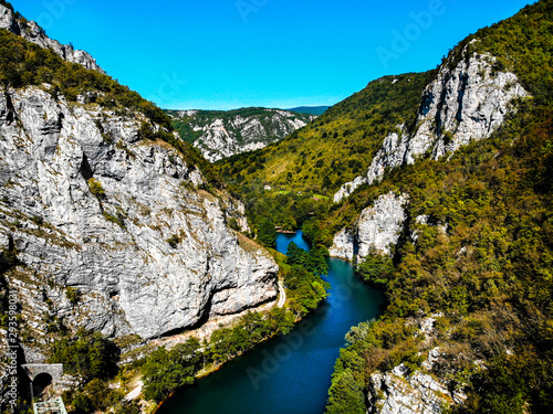 Aerial view of mountains, canyon and Una river on Bosnia and Herzegovina/Croatia border
