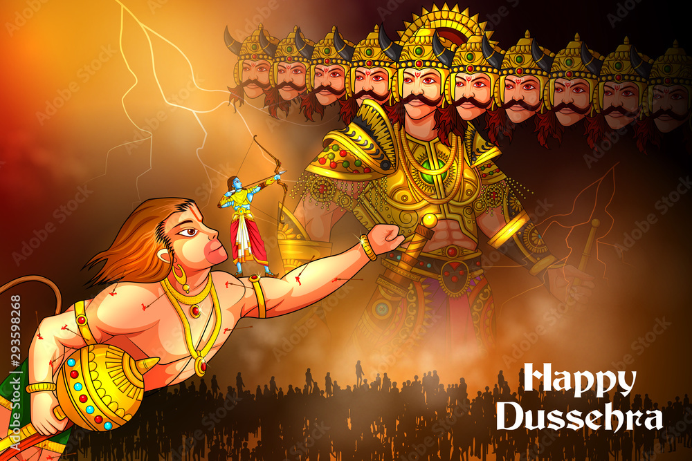 easy to edit vector illustration of Rama killing Ravana with Hindi massage meaning Happy Dussehra background showing festival of India - obrazy, fototapety, plakaty 