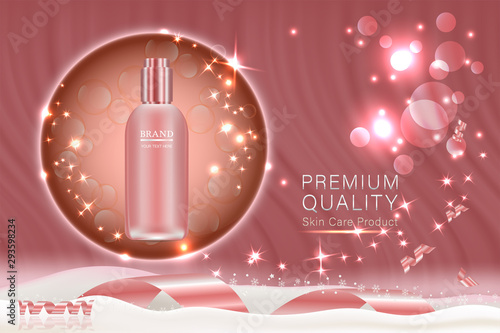 Beauty product ad design, pink cosmetic container with holiday concept advertising background ready to use, luxury skin care banner, illustration vector.	
