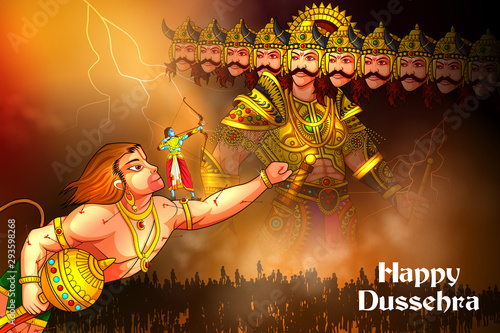easy to edit vector illustration of Rama killing Ravana with Hindi massage meaning Happy Dussehra background showing festival of India