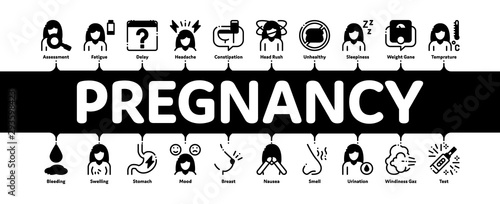 Symptomps Of Pregnancy Minimal Infographic Web Banner Vector. Fatigue And Nausea, Food Aversion And Frequent Urination, Constipation And Faintness Symptomps Of Pregnancy Pictograms. Illustration