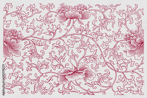 Antique Chinese ornamental floral pattern. Dark red colored illustration after 19th century etching
