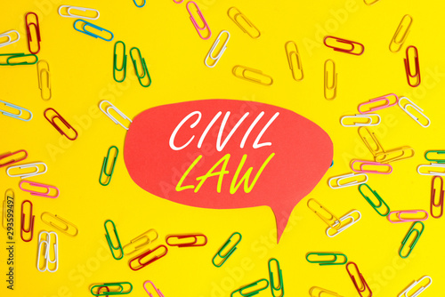 Handwriting text Civil Law. Conceptual photo Law concerned with private relations between members of community Flat lay above empty paper with copy space and colored paper clips photo